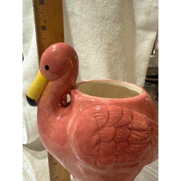 Hand-Painted Ceramic Flamingo Planter Vase Pink & Yellow ; Pretty in Pink Flamin - Picture 8 of 11
